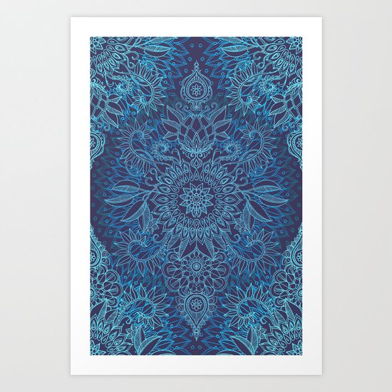 Aqua, Cobalt Blue & Purple Protea Doodle Pattern Art Print