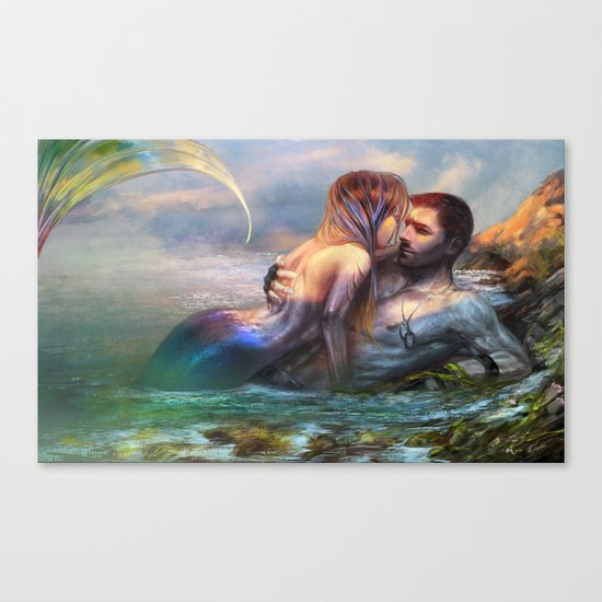 Take my breath away - Mermaid in love with soldier on the beach Canvas Print