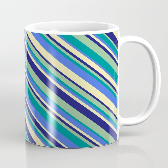 Dark Sea Green, Dark Cyan, Royal Blue, Pale Goldenrod, and Midnight Blue Colored Stripes Pattern Coffee Mug
