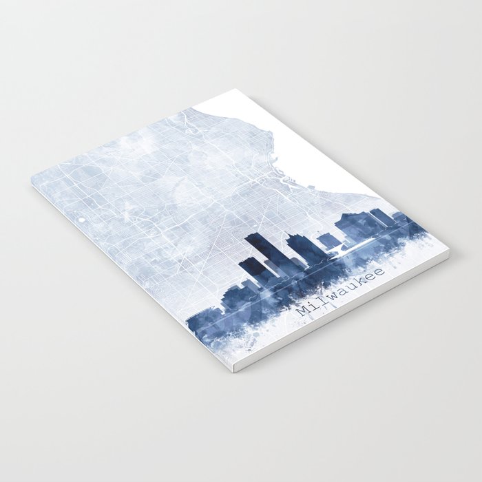 Milwaukee Skyline & Map Watercolor Navy Blue, Print by Zouzounio Art Notebook