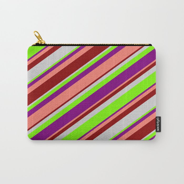 Light Grey, Green, Purple, Salmon, and Dark Red Colored Striped Pattern Carry-All Pouch