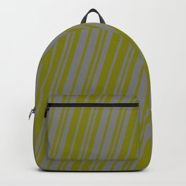[ Thumbnail: Grey & Green Colored Stripes Pattern Backpack ]