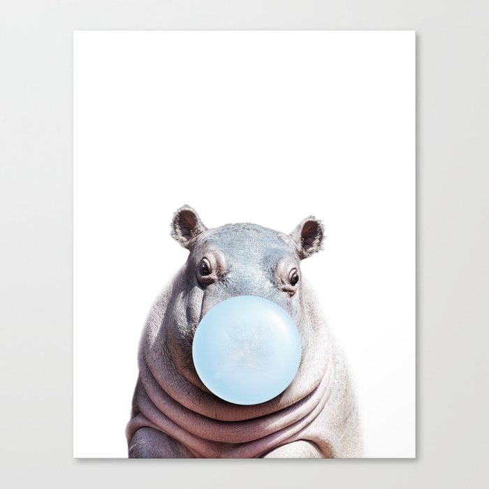 Baby Hippo Blowing Blue Bubble Gum, Baby Boy, Art for Kids, Baby Animals Art Print by Synplus Canvas Print