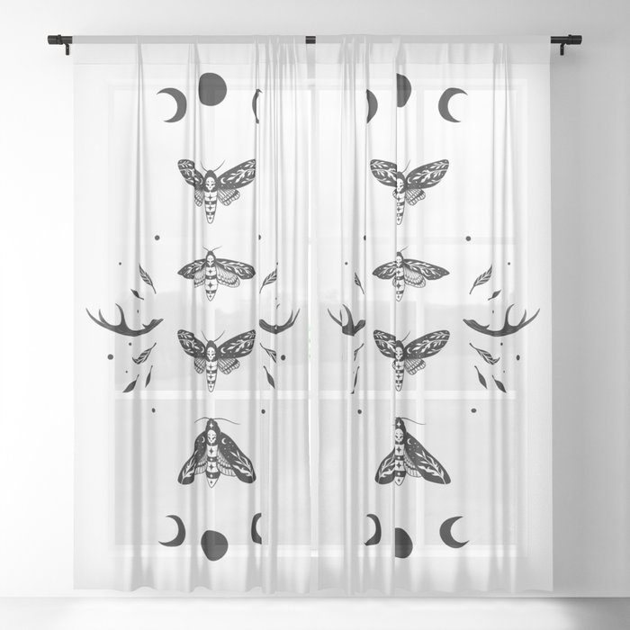 Death Head Moths Night - Black and White Sheer Curtain