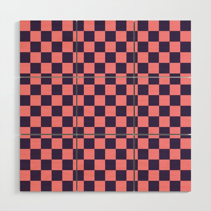 Checkerboard Check Checkered Pattern in Retro Pink and Blue Wood Wall Art