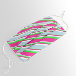 [ Thumbnail: Lime, Deep Pink, White & Light Blue Colored Pattern of Stripes Face Mask ]