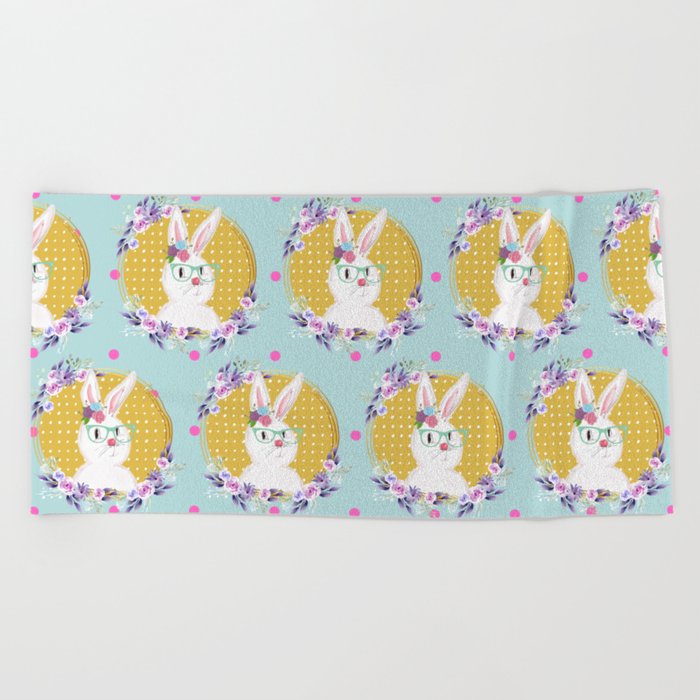 Easter Bunny With Glasses And Flowers Beach Towel