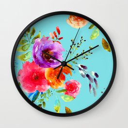 Bright Watercolor Flowers on Blue |Cyan Neon Floral | Renee Davis Wall Clock