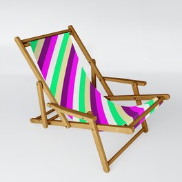 [ Thumbnail: Colorful Pale Goldenrod, Purple, Fuchsia, White, and Green Colored Stripes Pattern Sling Chair ]