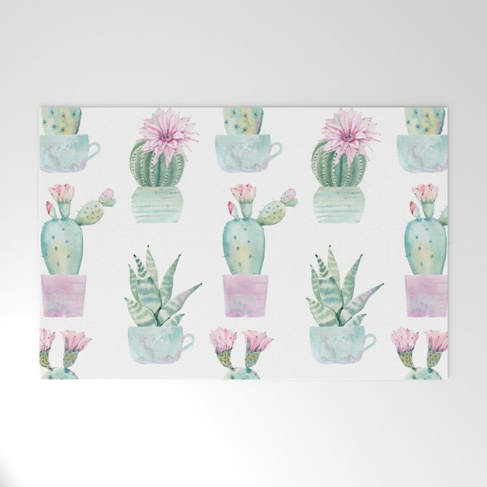 Simply Echeveria Cactus in Pastel Cactus Green and Pink Welcome Mat