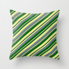 [ Thumbnail: Slate Gray, Dark Green & Tan Colored Lines/Stripes Pattern Throw Pillow ]