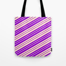 [ Thumbnail: Dark Violet and Bisque Colored Stripes/Lines Pattern Tote Bag ]