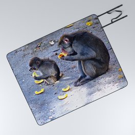 Japanese Monkeys Mother and Child Eating Oranges Picnic Blanket
