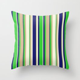 [ Thumbnail: Midnight Blue, Lime Green, Tan & Beige Colored Stripes/Lines Pattern Throw Pillow ]
