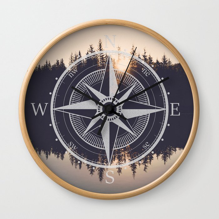 Wooded Lake Reflection Compass Wall Clock
