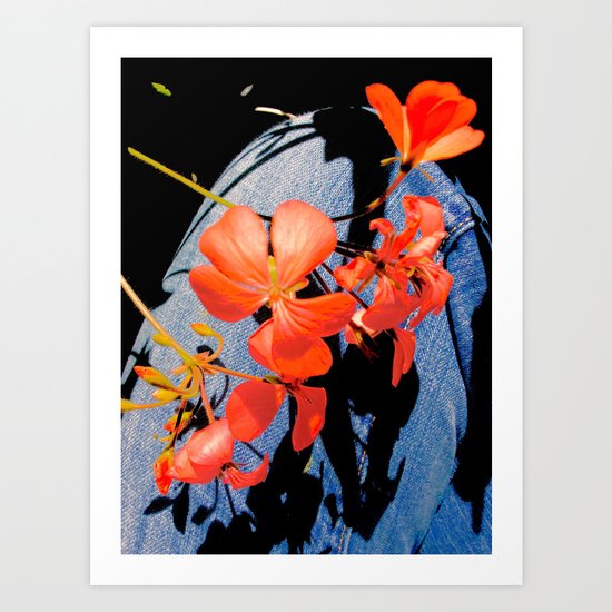 Geranium flowers on blue jean Art Print