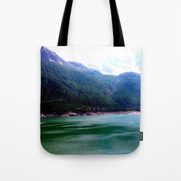 Nature Landscape Green Lake, Mountain, and Trees Tote Bag