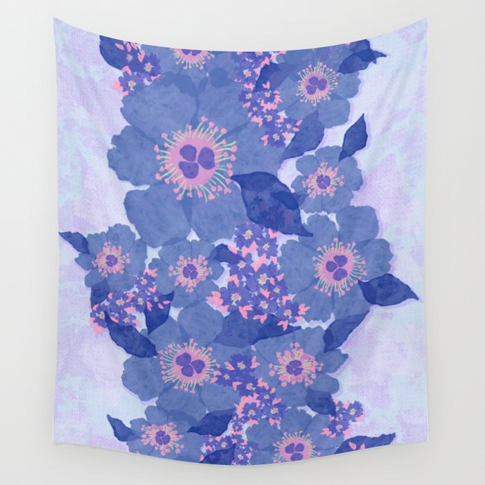 Retro Blue Flowers Wall Tapestry