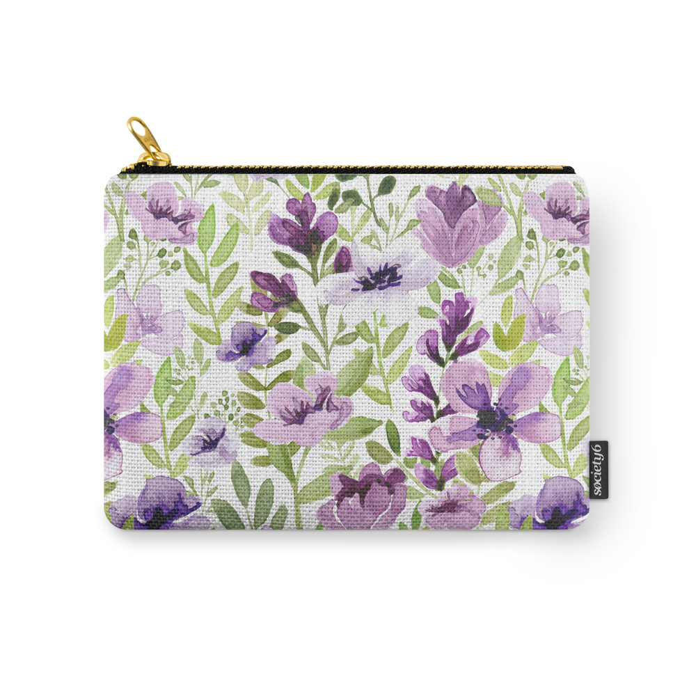 Watercolor/Ink Purple Floral Painting Carry-All Pouch by cateandrainn