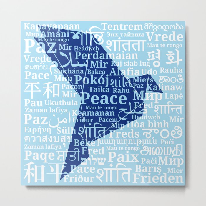 Dove-origami on the background of the word "Peace" in different languages of the World Metal Print