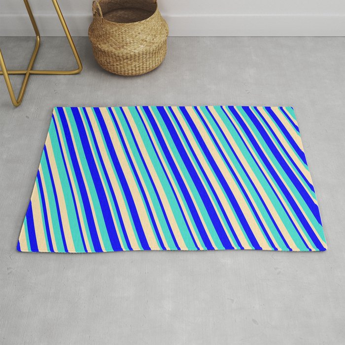 Blue, Turquoise & Beige Colored Striped/Lined Pattern Rug