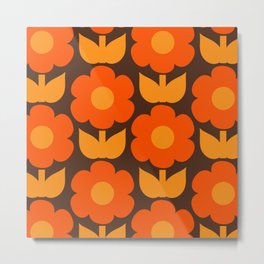 Primrose Flowers Retro Floral Pattern in 70s Brown and Orange Metal Print