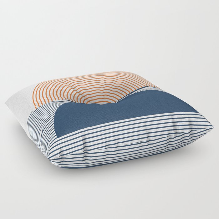 Geometric Lines Design 6 in Shades of Navy Blue Orange (Sunrise and Sunset) Floor Pillow