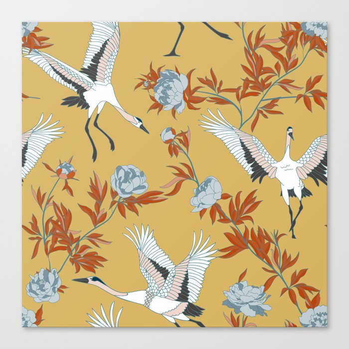 Japanese Ornate Heron Pattern Saffron Gold Canvas Print