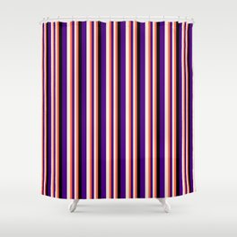 [ Thumbnail: Red, Beige, Indigo, and Black Colored Stripes Pattern Shower Curtain ]