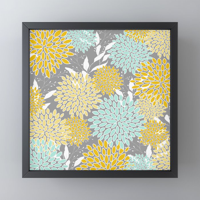 Floral Prints and Leaves, Gray, Yellow and Aqua Framed Mini Art Print