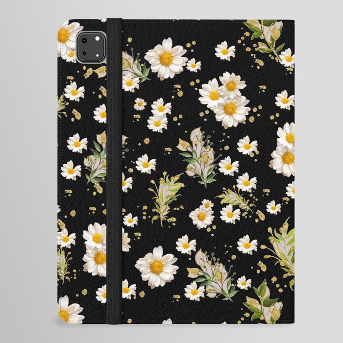 White Daisies Floral Field Pattern Seamless Cottagecore Midnight Black Background iPad Folio Case