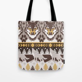 Fair isle knitting grey wolf // oak and taupe brown wolves yellow moons and pine trees Tote Bag