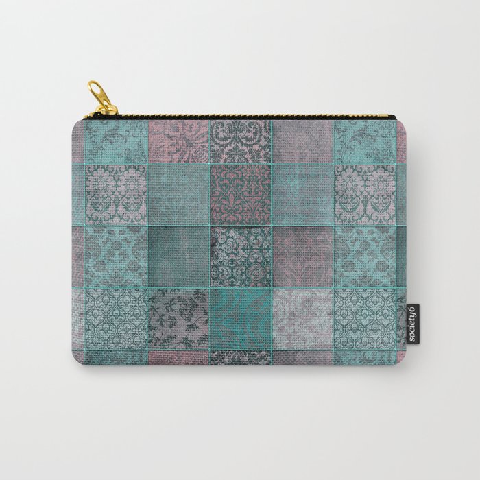 Nostalgic Patchwork Pattern Teal And Pink Carry-All Pouch
