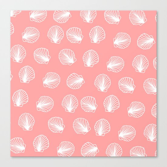 Modern mermaid white seashells hand drawn pattern on pink Canvas Print