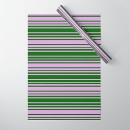[ Thumbnail: Dark Green and Plum Colored Striped Pattern Wrapping Paper ]
