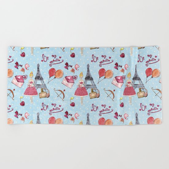 Love and Valentine in Paris France- Elegance Shopping Girly in pink on blue polkadots Beach Towel