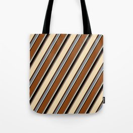 [ Thumbnail: Brown, Light Slate Gray, Tan, and Black Colored Lined/Striped Pattern Tote Bag ]