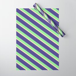 [ Thumbnail: Dark Slate Blue, Light Green & Beige Colored Pattern of Stripes Wrapping Paper ]