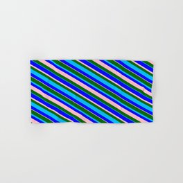 [ Thumbnail: Dark Green, Deep Sky Blue, Blue & Pink Colored Stripes/Lines Pattern Hand & Bath Towel ]