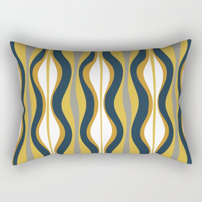 Hourglass Abstract Mid Century Modern Retro Pattern in Mustard Yellow, Navy Blue, Grey, and White Rectangular Pillow
