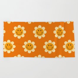 Retro Smiley Floral Face Pattern in Orange, Yellow & Brown Beach Towel