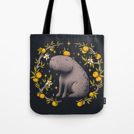 Capybara Cottagecore Aesthetic Chilling With Orange on Head | Goblincore Capy Yuzu Citrus Fruit Blossom Flowers Meditating - Dreamcore Fairytale Mycology Fungi Shrooms Forager Foraging Tote Bag