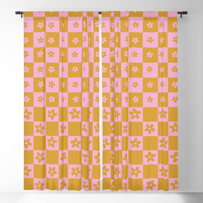 Abstract Floral Checker Pattern 3 in Gold pink Blackout Curtain