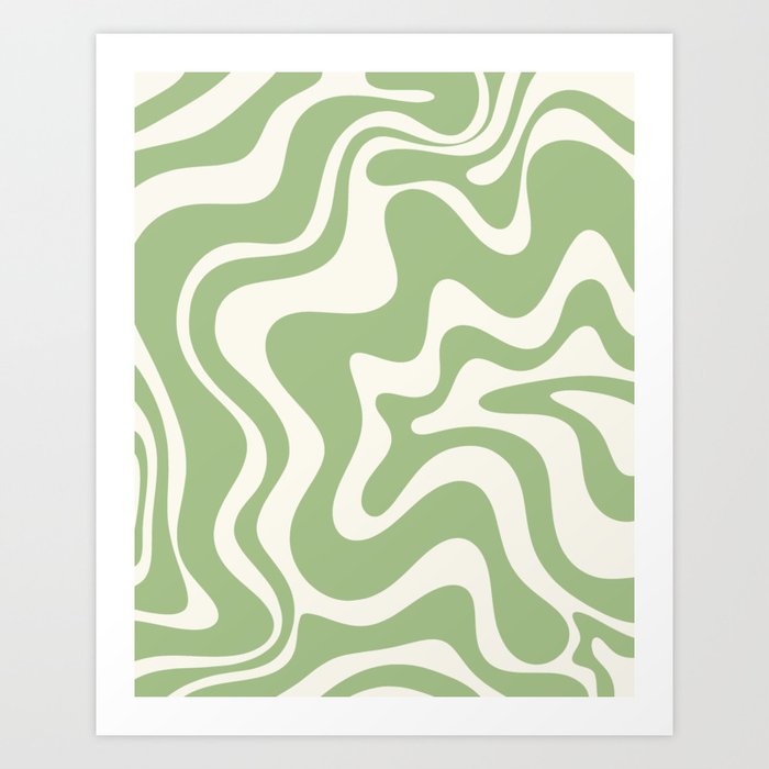 Retro Liquid Swirl Abstract Pattern in Light Sage Green and Cream Art Print