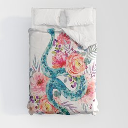 Blue Watercolor Snake In The Flower Garden Comforter | Wildflower, Bouquet, Peony, Daisy, Wild, Ferns, Floral, Curated, Rosebud, Rose 