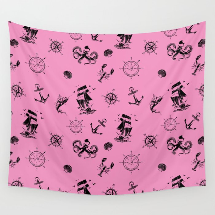 Pink And Black Silhouettes Of Vintage Nautical Pattern Wall Tapestry