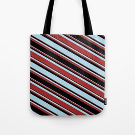 [ Thumbnail: Light Blue, Brown, and Black Colored Stripes/Lines Pattern Tote Bag ]