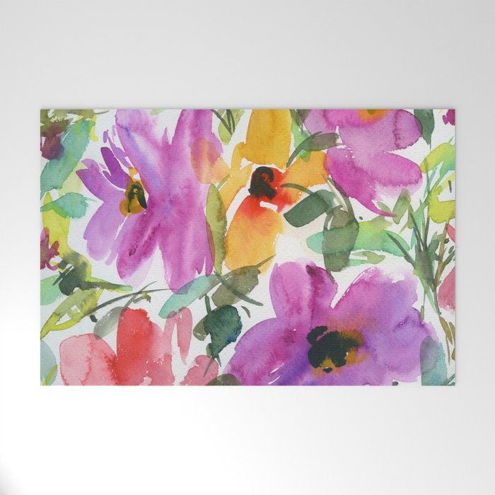 floral watercolor: purple and orange flowers Welcome Mat