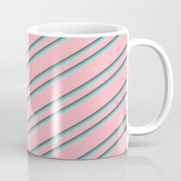 [ Thumbnail: Light Pink, Dim Gray & Turquoise Colored Stripes/Lines Pattern Coffee Mug ]