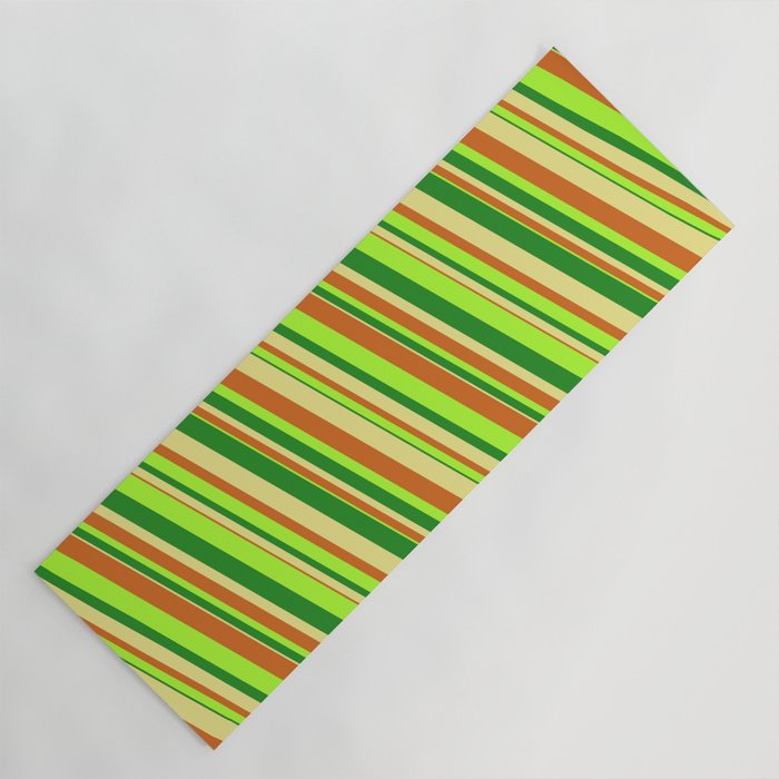 Forest Green, Tan, Chocolate, and Light Green Colored Lined/Striped Pattern Yoga Mat